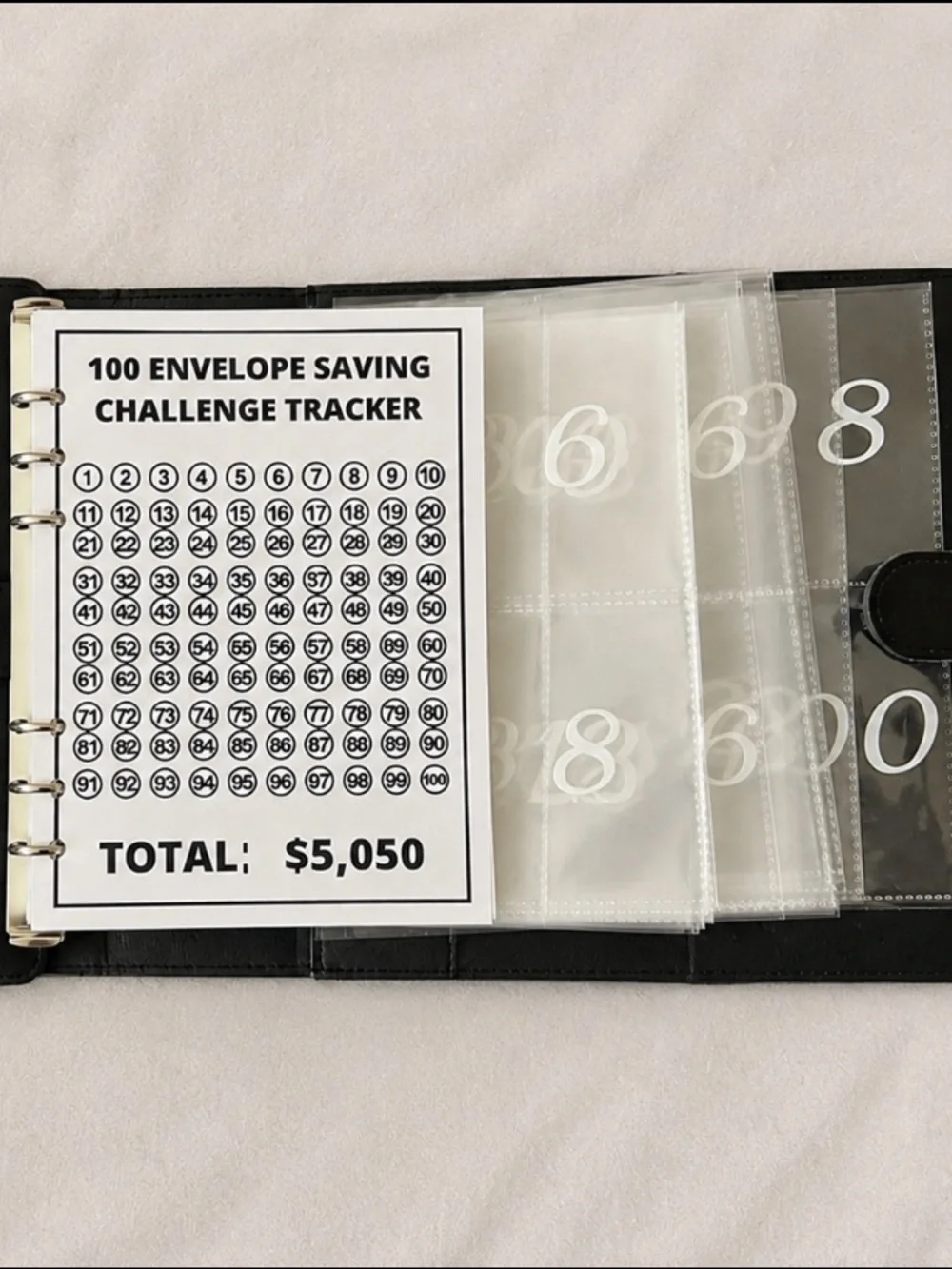 100 Envelope Savings Challenge Organizer - Black Faux Leather Binder